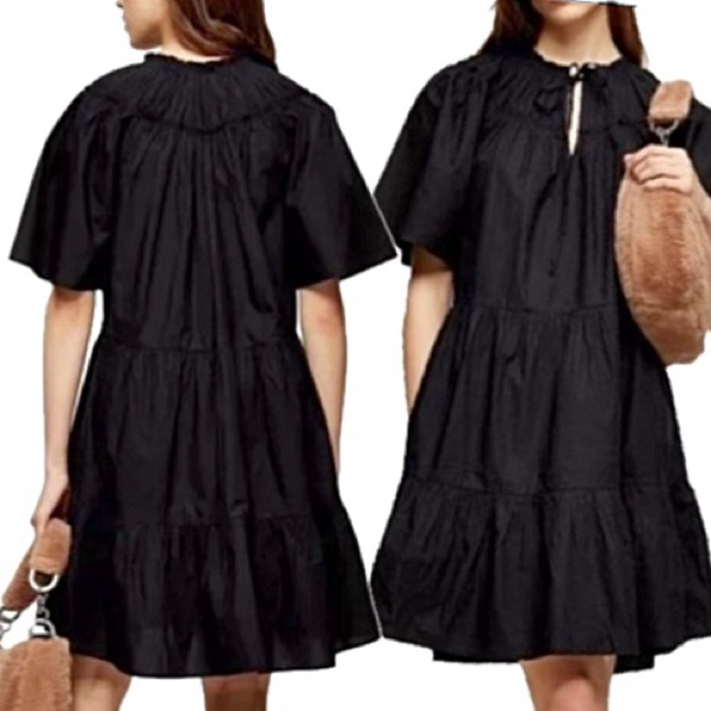 TOPSHOP Flutter Sleeve Tiered Ruffle Peasant Dress Size 4 Black Drawstring Neck